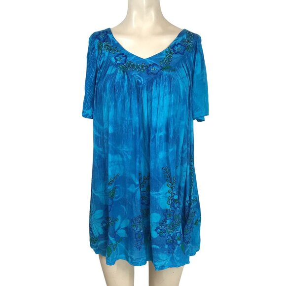 SAKKAS - WOMEN'S ONE SIZE -BLUE SHORT SLEEVE V NECK ART TO WEAR BOHO SHIRT - Picture 1 of 8